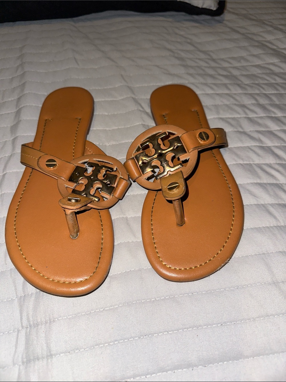 Tory Burch Cognac Leather Logo Thong Sandals